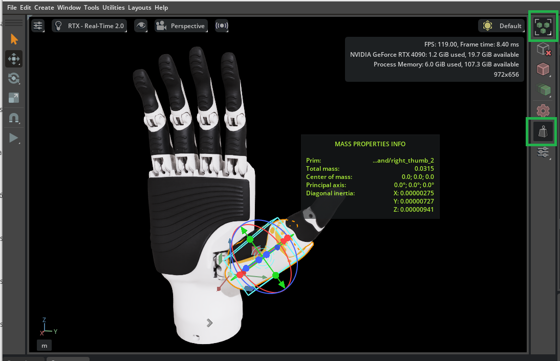 Mass Properties Info displayed for a selected prim in the viewport.