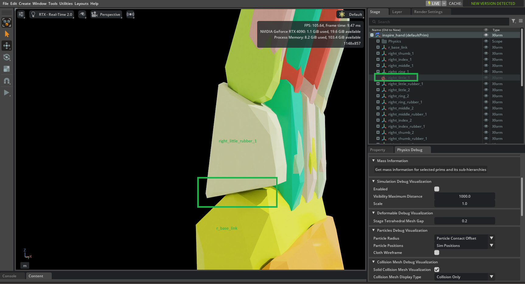 Viewport showing solid collision meshes; pinky rubber pad and second link overlapping.